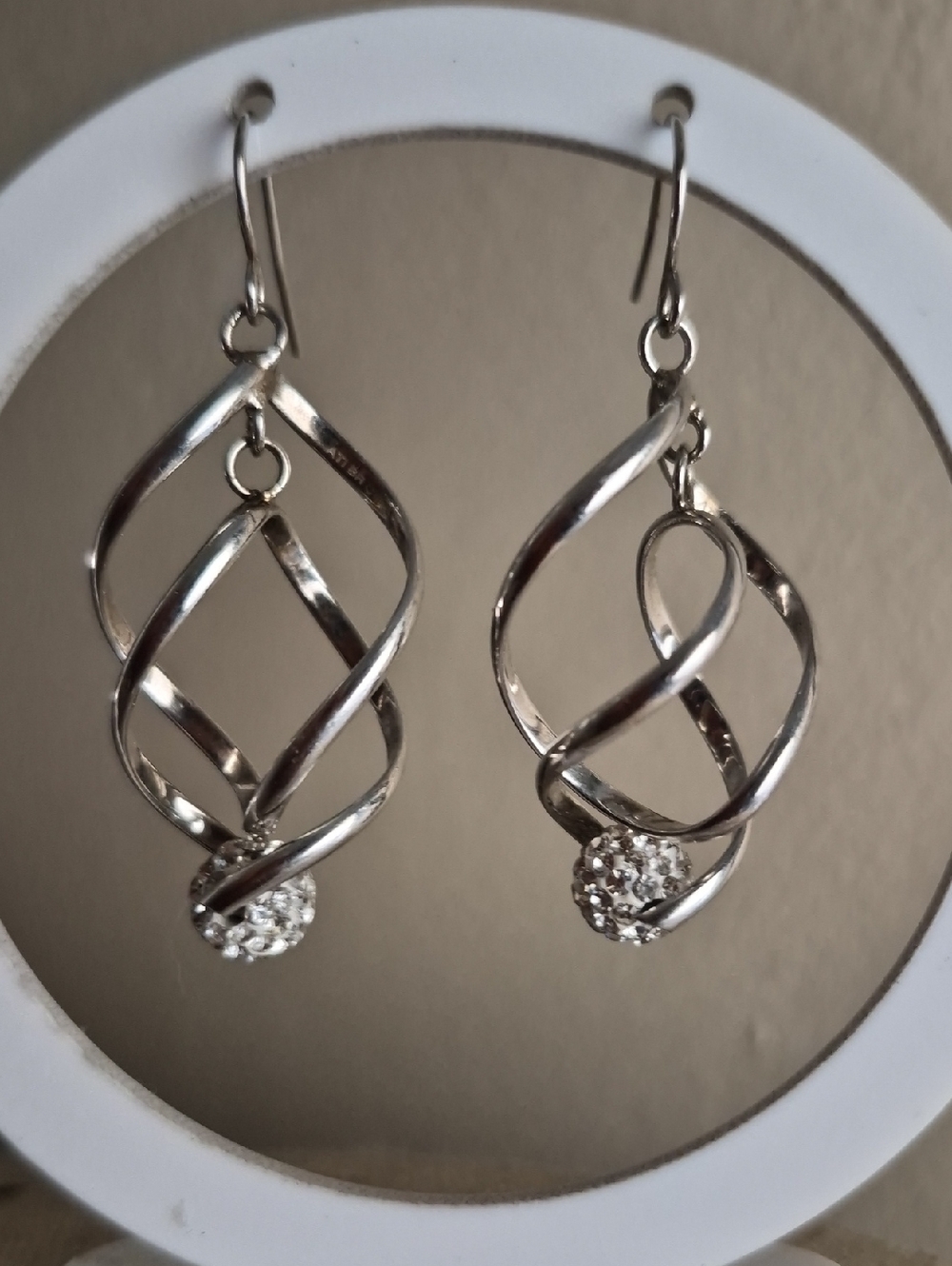 Twisted drop silhouette crystal ball Brass Rhodium Silver Earrings